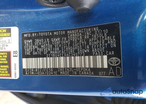 2010 Toyota Corolla Base from USA, damaged, VIN 2T1BU4EEXAC340773